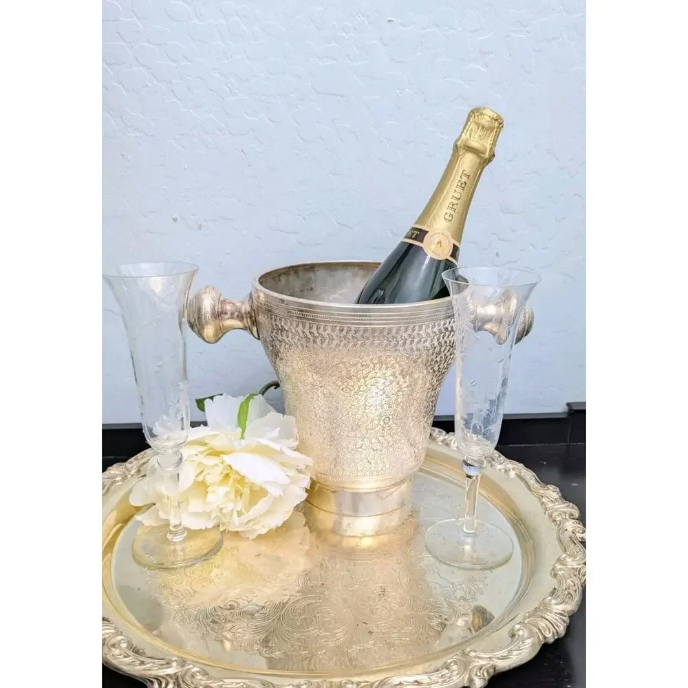 Silverplate Engraved Leaf Design Champagne Or Wine Ice bucket Knob Handles